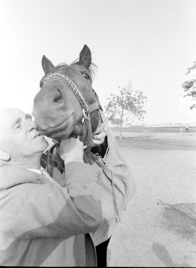 Trainer kisses his horse at the Woodbine Racetrack's Queen's Plate in 1961. Image no. ASC03903.