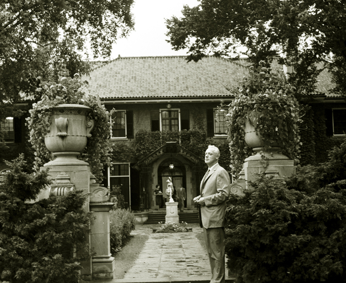Historic photo from Friday, September 15, 1961 - Murray Ross standing at the gates of Glendon Hall, York University in Bridle Path